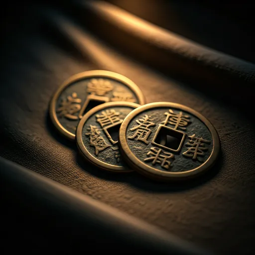 Ancient bronze I Ching coins on silk